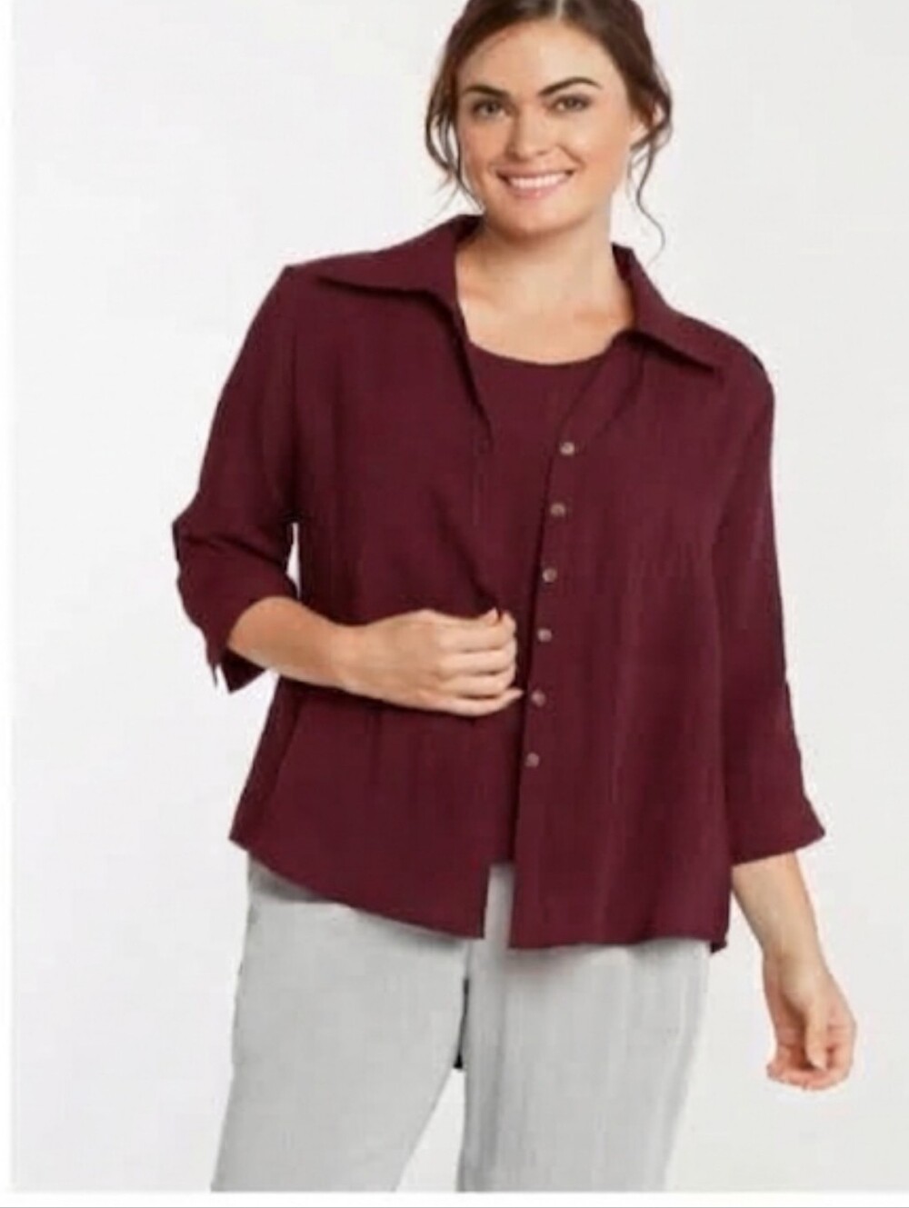 Fridaze - Linen Redefined - Tuxedo Tail Linen Blouse Burgundy Size 1X New !